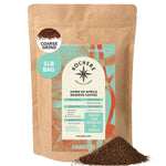 A 1lb bag of Kochere Coffee Horn of Africa Reserve Signature Espresso Blend by Kochere Coffee Company, medium-dark roast. Coarse grounds spilled in front; packaging has turquoise and orange design elements.