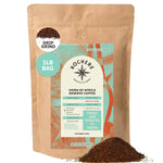A 16 oz bag of Kochere Coffee Company’s Horn of Africa Reserve Signature Espresso Blend, a medium-dark roast with origin and freshness info, is shown in drip grind form with ground coffee spilled in front.