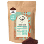 A 16oz bag of Kochere Coffee Horn of Africa Reserve Signature Espresso Blend by Kochere Coffee Company, a medium-dark roast with fine grind and rich ground coffee displayed beside the bag.