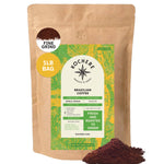 A 1lb bag of Kochere Coffee Brazilian Santos Medium Roast by Kochere Coffee Company, smooth and elegant with cocoa notes. Single origin, fresh roasted to order. Coffee grounds displayed beside the bag.