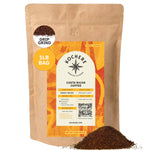 A 16 oz bag of Kochere Coffee Costa Rican Alajuela Medium Light Roast by Kochere Coffee Company, featuring sweet apple and raisin notes, drip grind specialty coffee, shown with ground coffee in front of the bag.