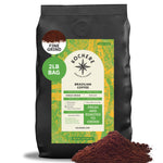 A 2lb bag of Kochere Coffee Brazilian Santos Medium Roast by Kochere Coffee Company, featuring smooth, elegant cocoa notes and roasted to order. Enjoy fresh, bold flavor in every cup; whole coffee beans with ground coffee shown in front.