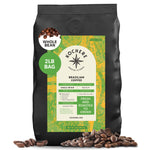 A 2lb bag of Kochere Coffee Company’s Brazilian Santos Medium Roast (whole bean) features smooth, elegant cocoa notes. The label highlights its fresh, roasted-to-order quality for a bold coffee experience. Scattered beans enhance the presentation.