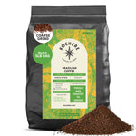 A 5lb bag of Kochere Coffee Company’s Brazilian Santos Medium Roast—smooth, elegant, with cocoa notes—features a green and orange label plus a small pile of low acid, coarse-ground coffee displayed in front.