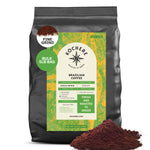 A 5-pound bag of Kochere Coffee Brazilian Santos Medium Roast by Kochere Coffee Company features smooth, elegant coffee with cocoa notes, made from single origin Brazilian Santos beans and fine grind displayed in front.