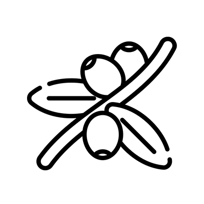 Black and white line drawing of three olives with two leaves on a branch.