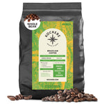 A 5lb black bag of Kochere Coffee Company Brazilian Santos Medium Roast whole beans with a green and yellow label, featuring smooth, elegant cocoa notes and roasted-to-order freshness. Surrounded by coffee beans.