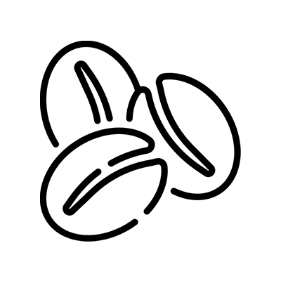 Simple black outline drawing of three coffee beans on a light gray background.