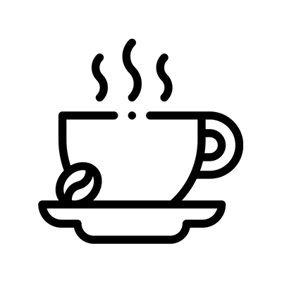 Black and white line drawing of a steaming coffee cup on a saucer with a coffee bean placed beside the cup.