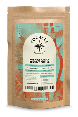 A bag of Horn of Africa Reserve Coffee - (Ethiopian, Kenyan, Tanzanian) Espresso Blend - Medium Dark Roast with a label on it from Kochere Coffee Company.