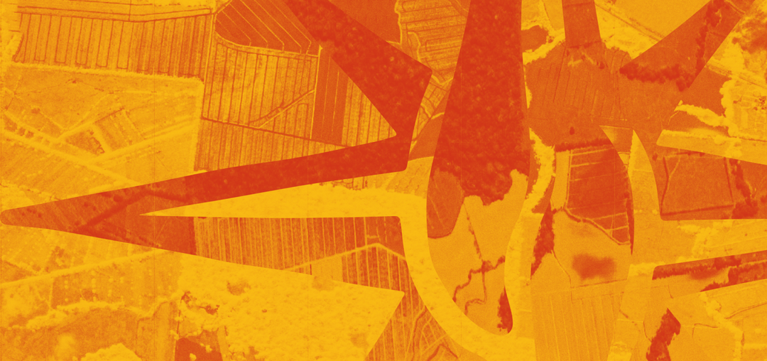 Abstract orange and yellow artwork featuring geometric shapes overlaid on a background with faint, irregular lines and patterns resembling aerial views of fields.
