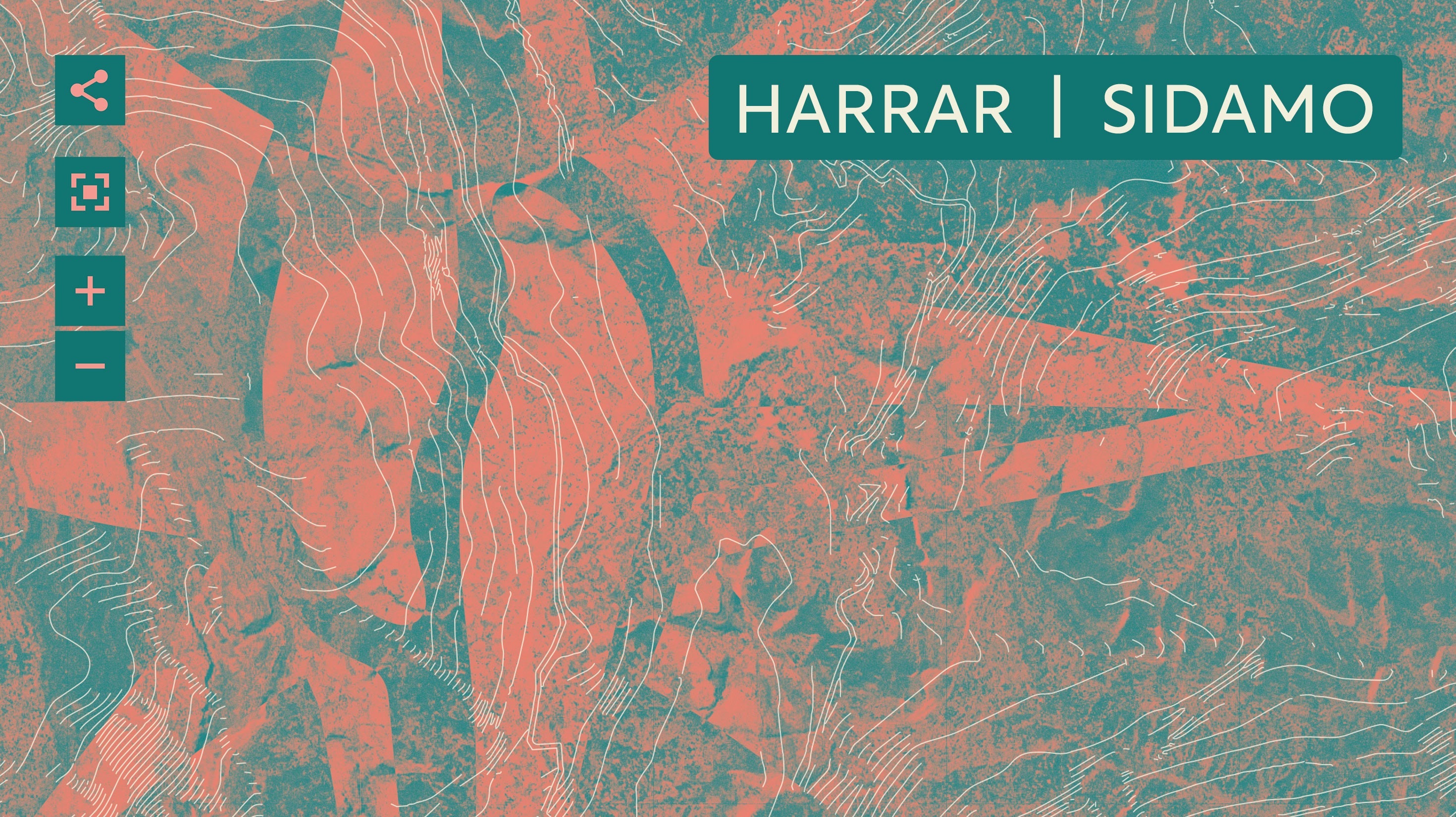 Abstract map design in teal and coral tones with contour lines, and a label in the top right corner reading "HARRAR | SIDAMO.