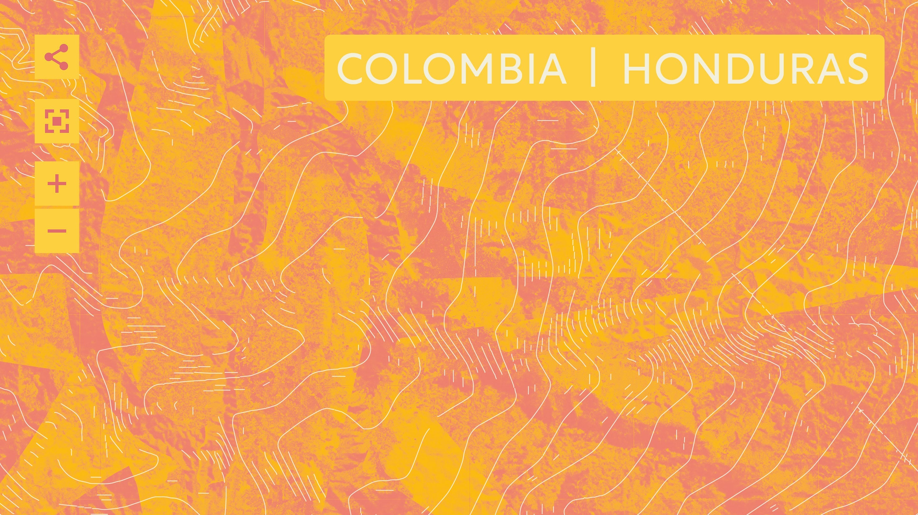 Abstract yellow and pink background with white contour lines, featuring a label that reads "COLOMBIA | HONDURAS" in the upper right corner.
