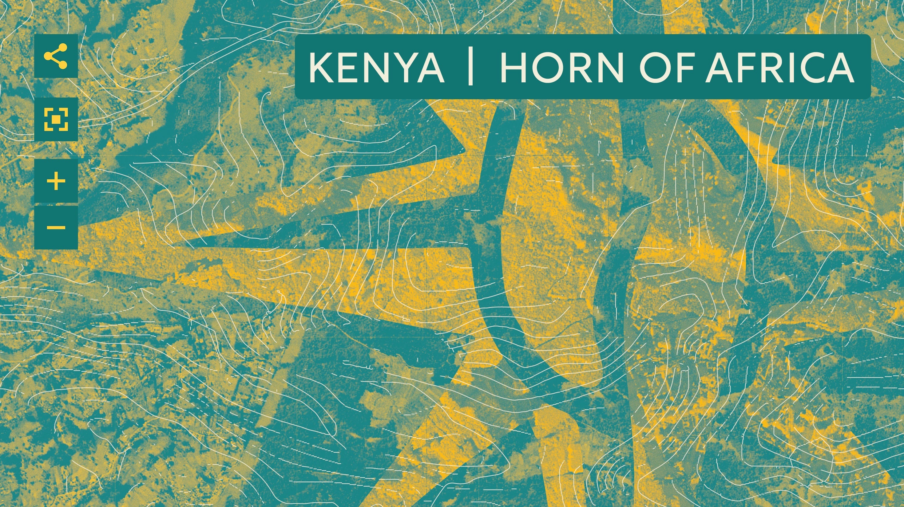 Abstract map design in yellow, teal, and green with the text "KENYA | HORN OF AFRICA" at the top right; includes map navigation icons on the left.