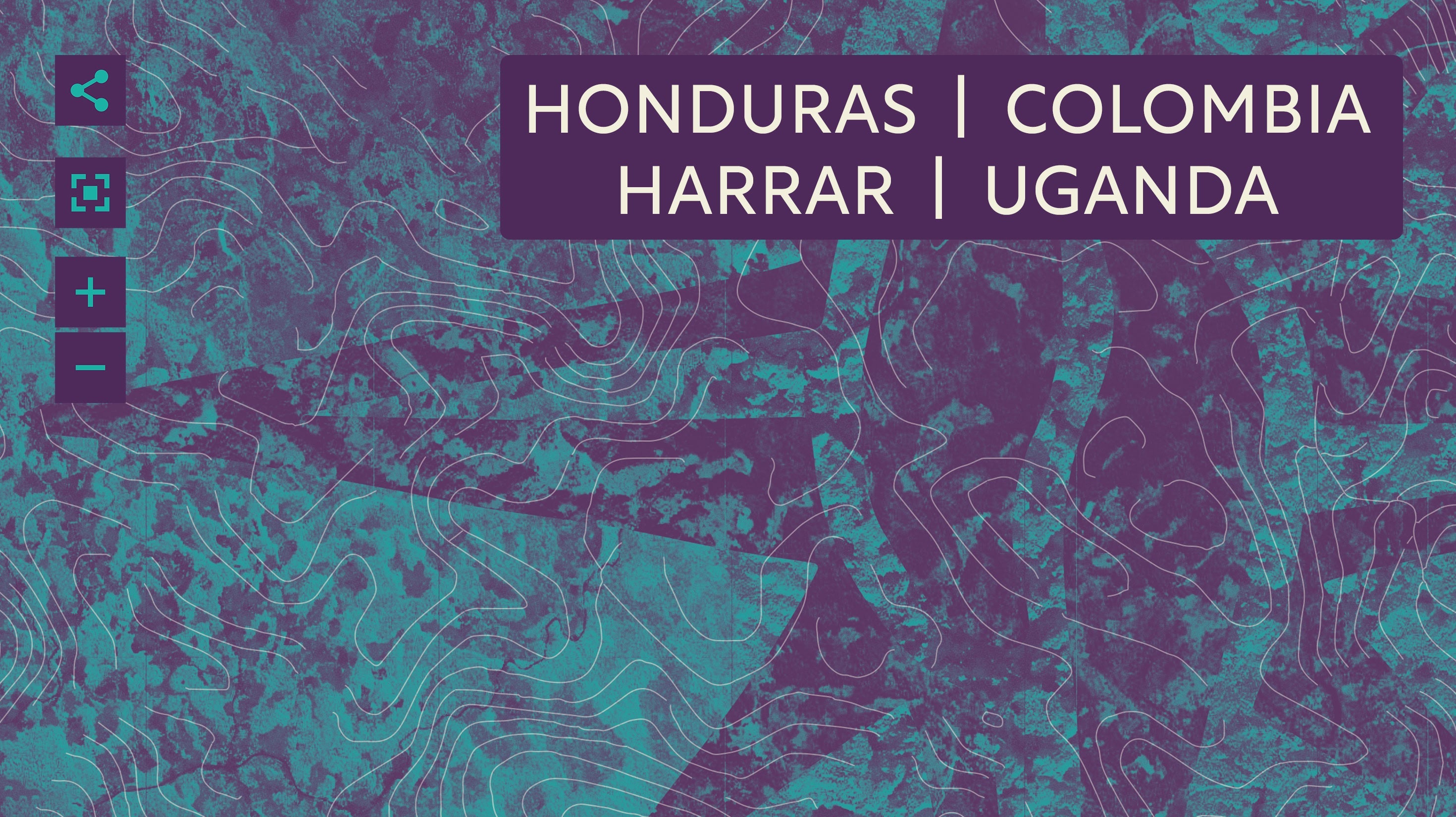 Abstract textured background with contour lines and a large arrow, featuring the words: "Honduras | Colombia | Harrar | Uganda" in a purple box at the top right.