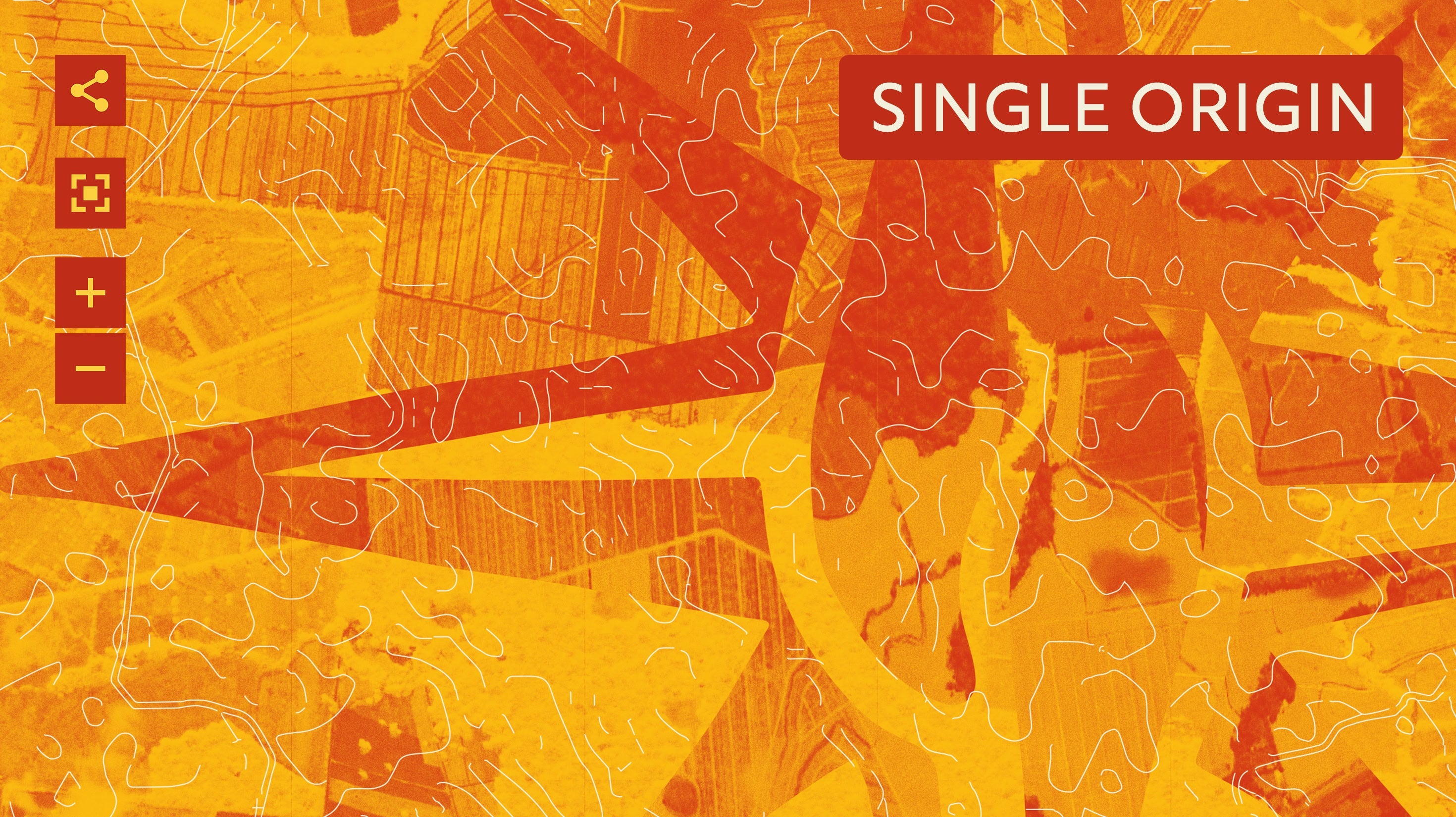 Abstract orange and yellow map-like background with contour lines, map icons on the left, and the text "SINGLE ORIGIN" in a red box on the upper right.