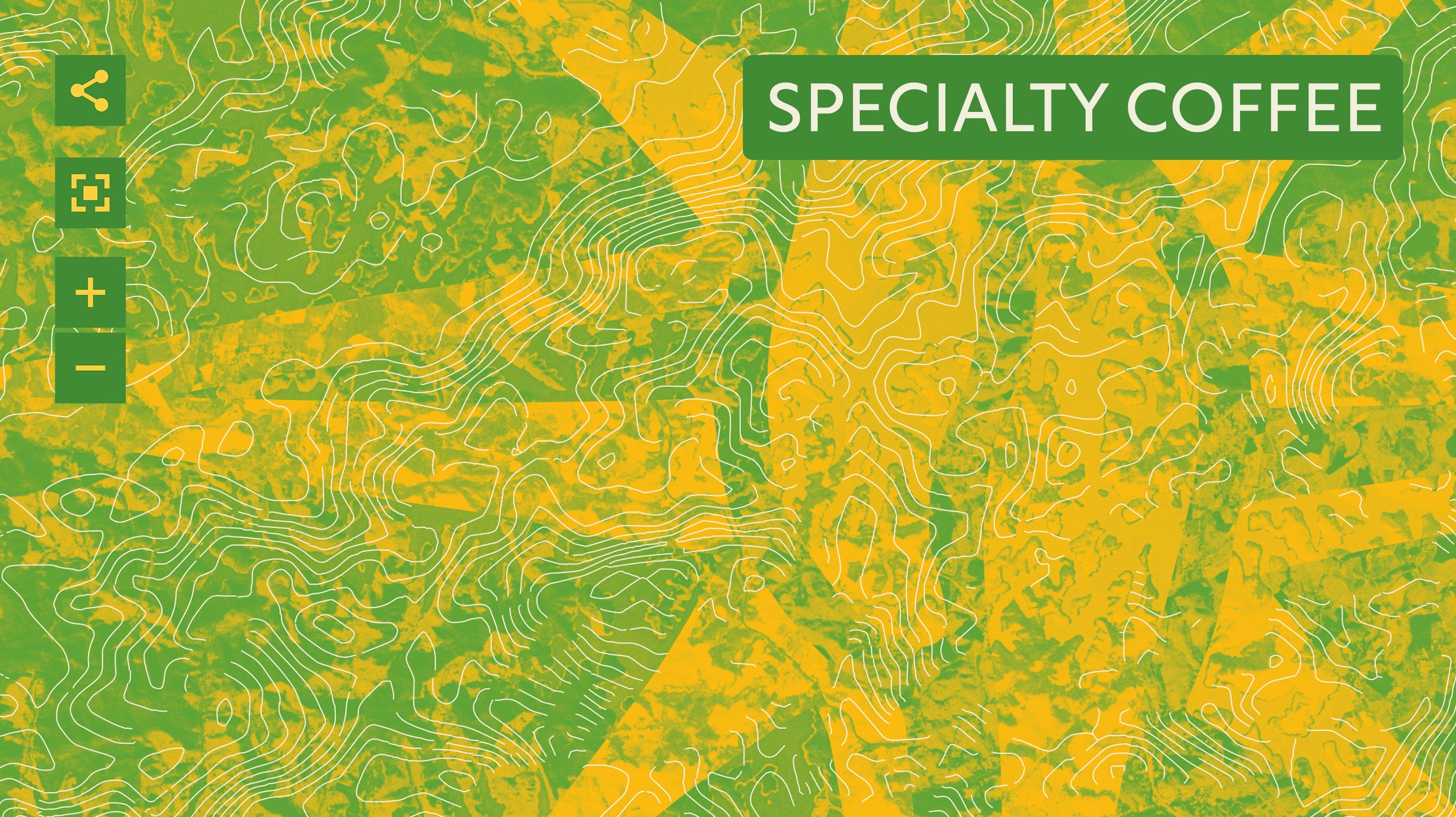 Abstract green and yellow background with contour lines and a green label in the top right corner reading "SPECIALTY COFFEE." Navigation icons are on the left side.