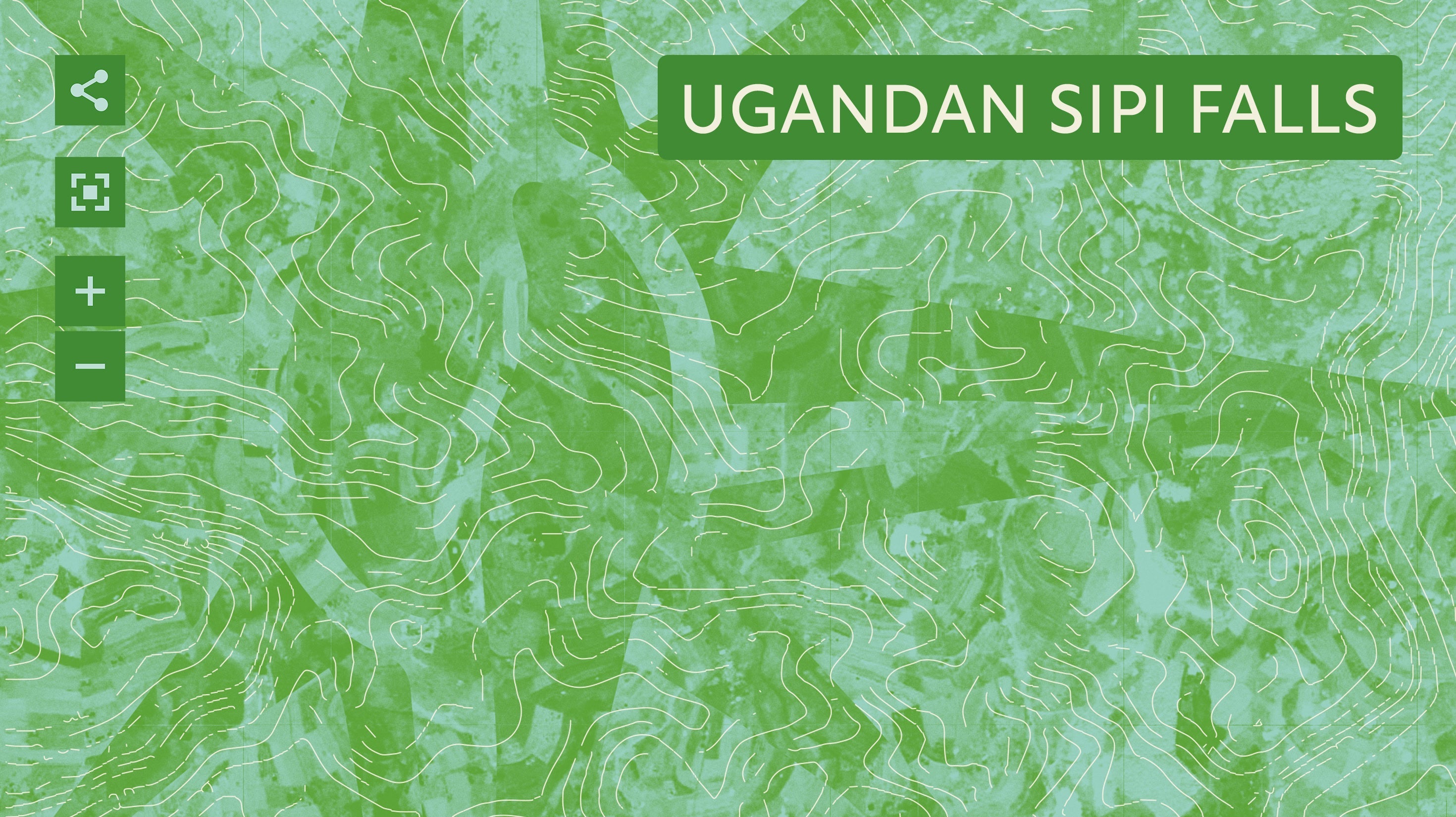 Green topographic map background with white contour lines, labeled "Ugandan Sipi Falls" in a green rectangle at the top right; map tools appear on the left.