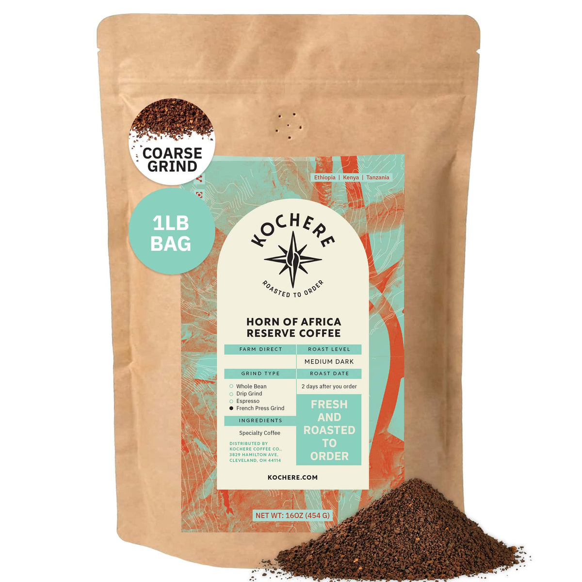 A 1lb bag of Kochere Coffee Horn of Africa Reserve Signature Espresso Blend by Kochere Coffee Company, medium-dark roast. Coarse grounds spilled in front; packaging has turquoise and orange design elements. [1lb][coarse grind]