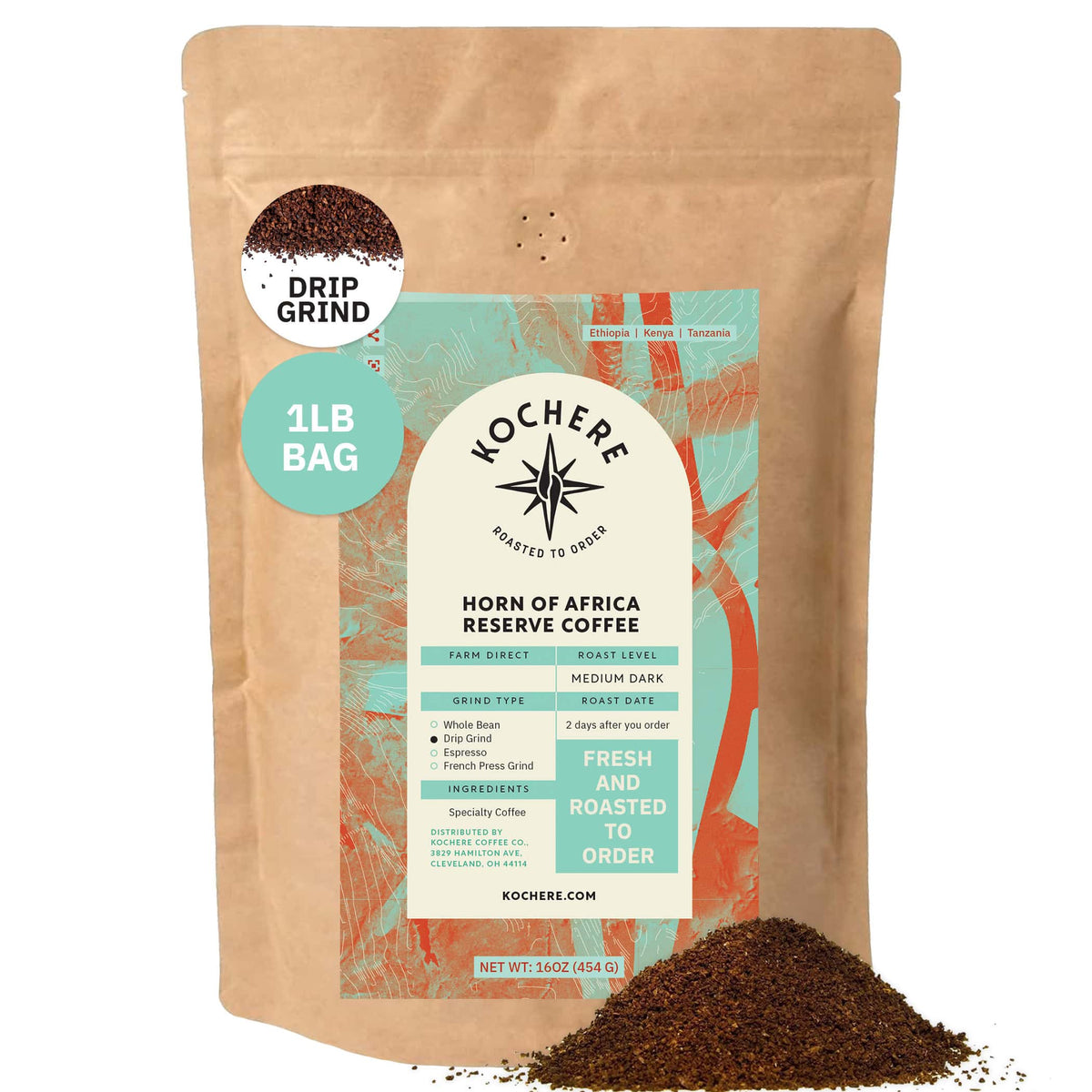 A 16 oz bag of Kochere Coffee Company’s Horn of Africa Reserve Signature Espresso Blend, a medium-dark roast with origin and freshness info, is shown in drip grind form with ground coffee spilled in front.[1lb][drip grind]