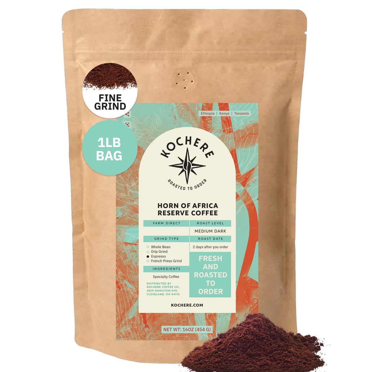 A 16oz bag of Kochere Coffee Horn of Africa Reserve Signature Espresso Blend by Kochere Coffee Company, a medium-dark roast with fine grind and rich ground coffee displayed beside the bag.[1lb][fine grind]