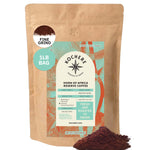 A 16oz bag of Kochere Coffee Horn of Africa Reserve Signature Espresso Blend by Kochere Coffee Company, a medium-dark roast with fine grind and rich ground coffee displayed beside the bag.[1lb][fine grind]