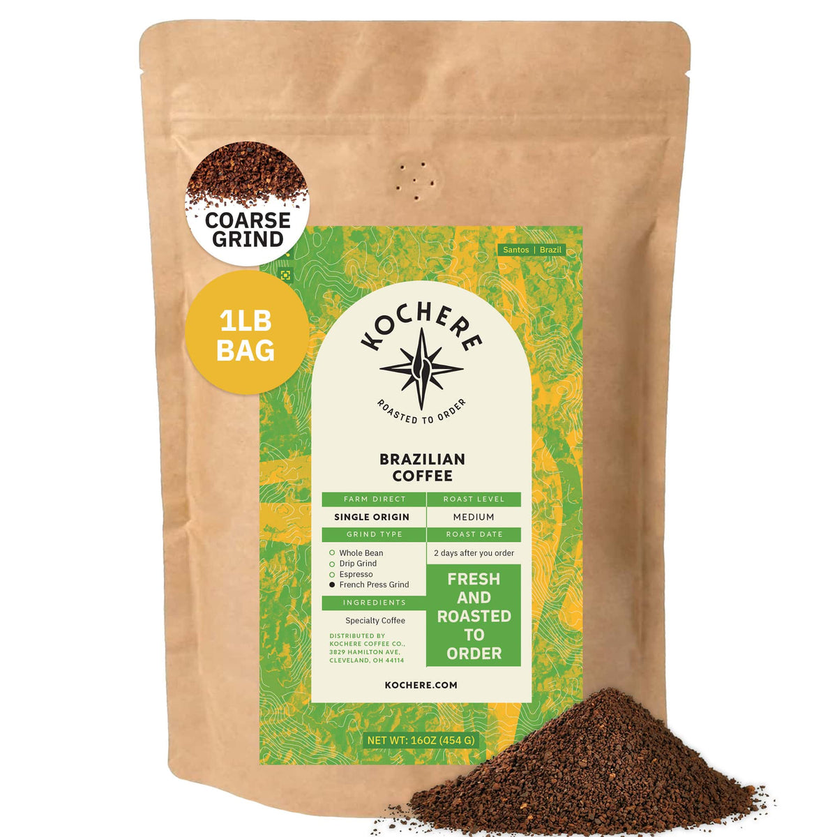 A 1lb bag of Kochere Coffee Company’s Brazilian Santos Medium Roast—smooth and elegant with cocoa notes—in a tan bag with green and yellow label. Coarse ground, single origin, low acid, bold flavor. Ground coffee pictured in front. [1lb][coarse grind]