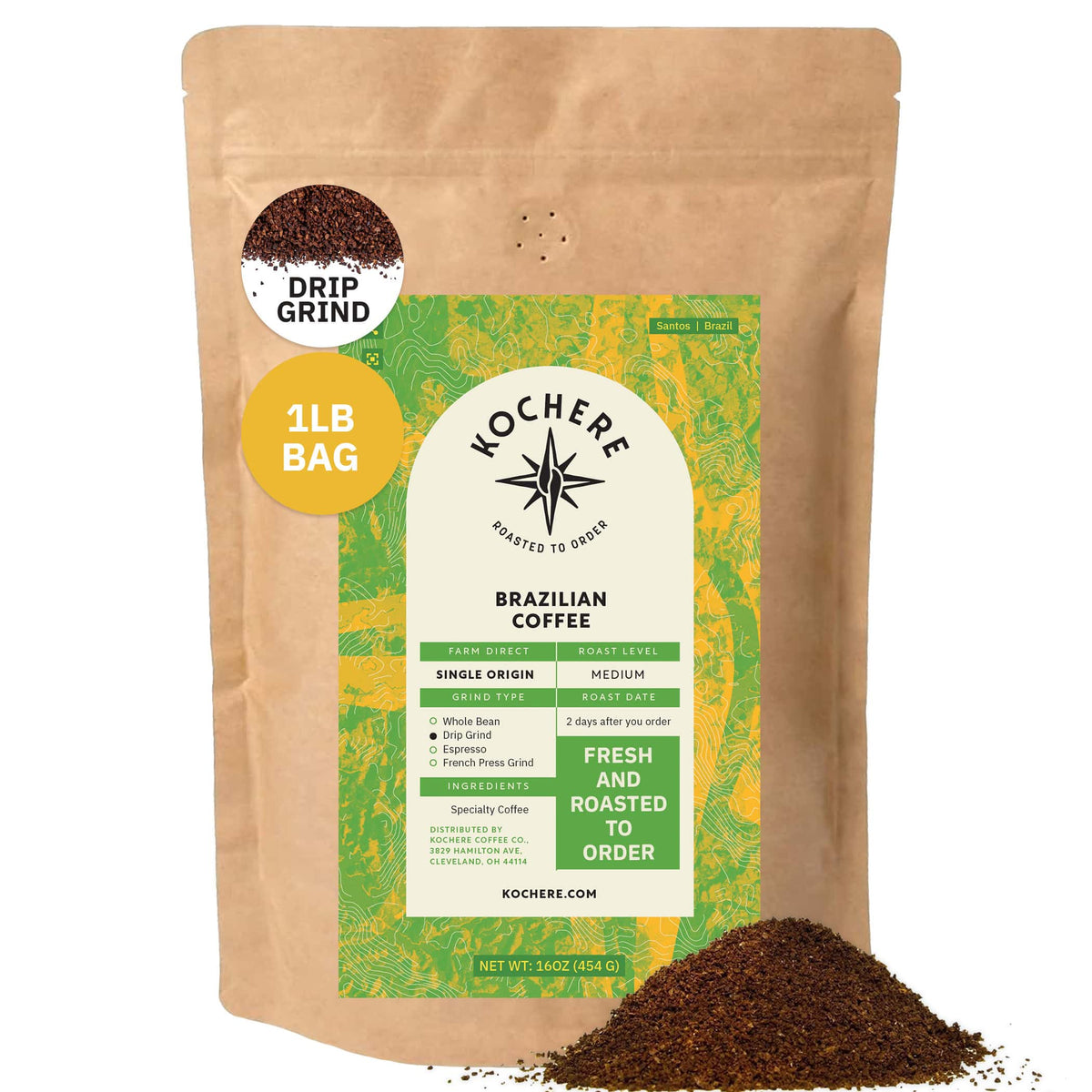 A 1-lb bag of Kochere Coffee Brazilian Santos Medium Roast by Kochere Coffee Company, with smooth, elegant cocoa notes, fresh and roasted to order, drip grind coffee grounds spilled in front. [1lb][drip grind]