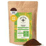 A 1-lb bag of Kochere Coffee Brazilian Santos Medium Roast by Kochere Coffee Company, with smooth, elegant cocoa notes, fresh and roasted to order, drip grind coffee grounds spilled in front. [1lb][drip grind]