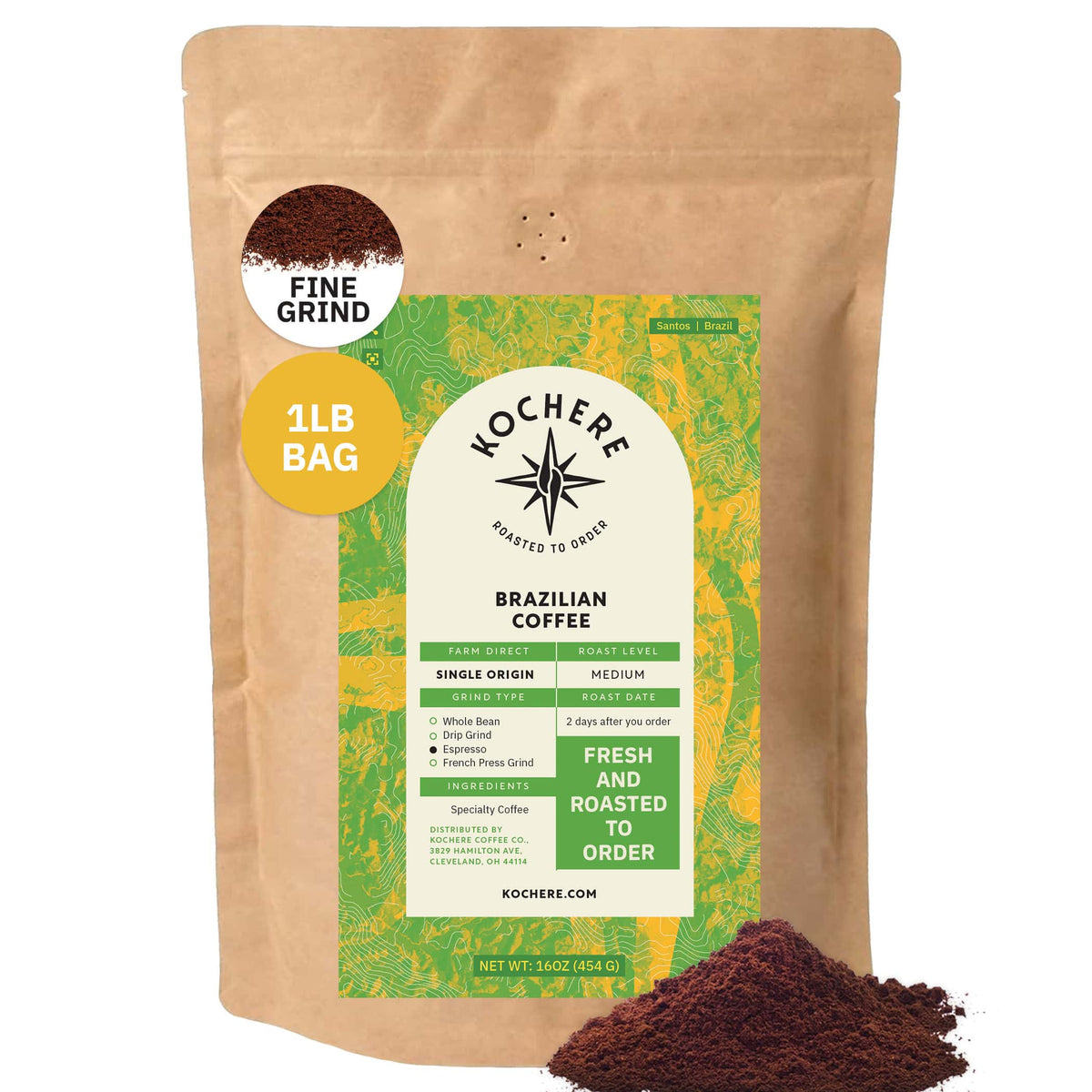 A 1lb bag of Kochere Coffee Brazilian Santos Medium Roast by Kochere Coffee Company, smooth and elegant with cocoa notes. Single origin, fresh roasted to order. Coffee grounds displayed beside the bag.[1lb][fine grind]