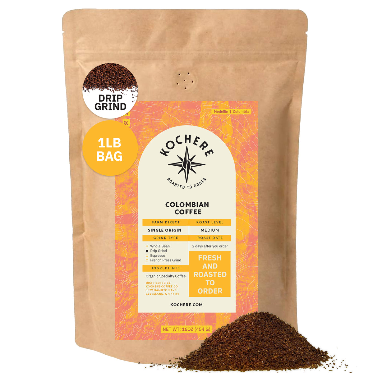 A 1-pound bag of Kochere Coffee Company’s Colombian Medellin Single Origin Medium Roast, with dried orange and berry notes in drip grind, shows product details on the label and a small pile of ground coffee in front. [1lb][drip grind]