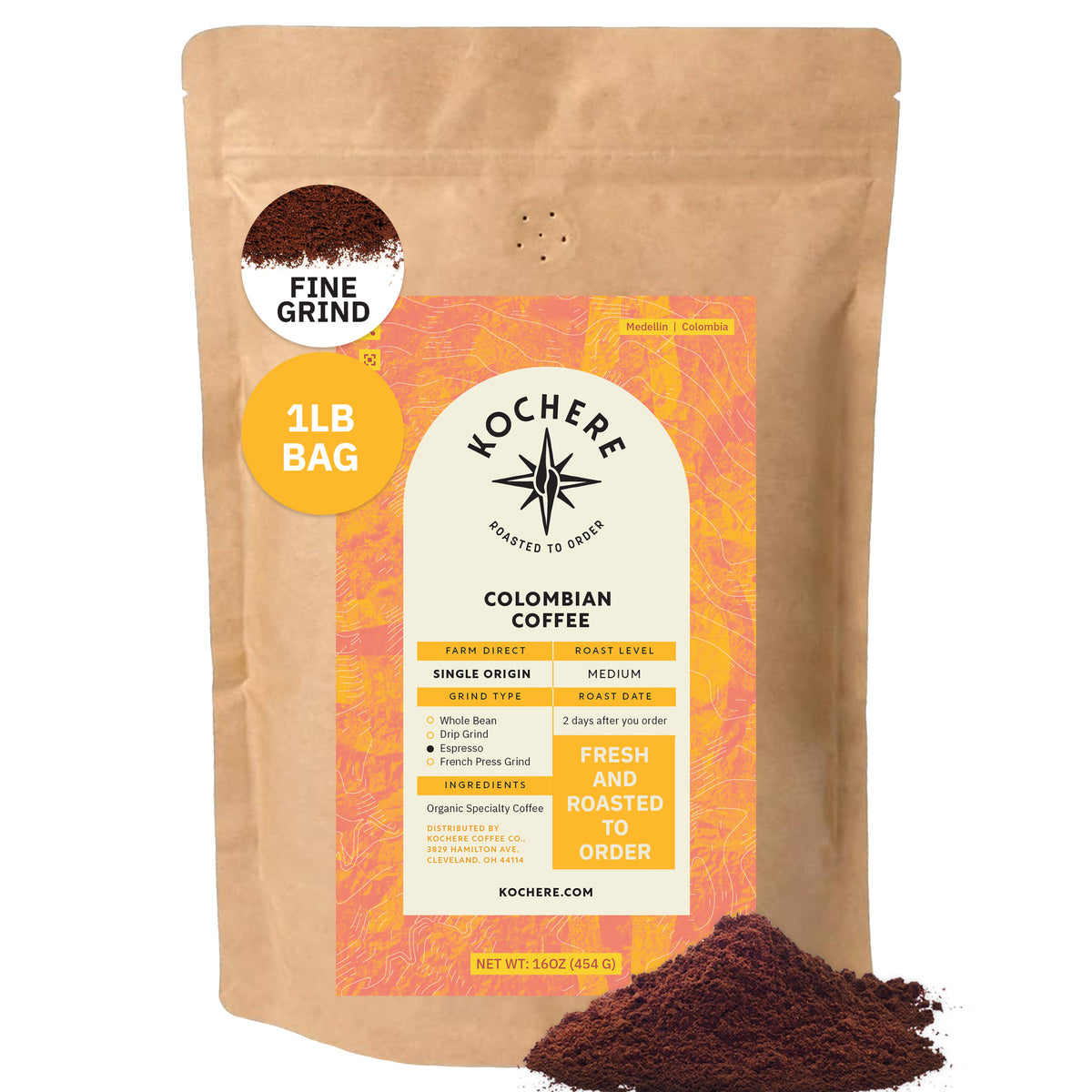 A 1-pound bag of Kochere Coffee Company Colombian Medellin Single Origin Medium Roast, with dried orange and berry notes, fine grind, is shown with ground coffee spilled beside the package. [1lb][fine grind]