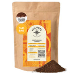 A 1lb bag of Kochere Coffee Company Costa Rican Alajuela, medium light roast with sweet apple and raisin notes, coarsely ground. The label shows the origin, roast level, and grind type, with some grounds visible next to the bag.