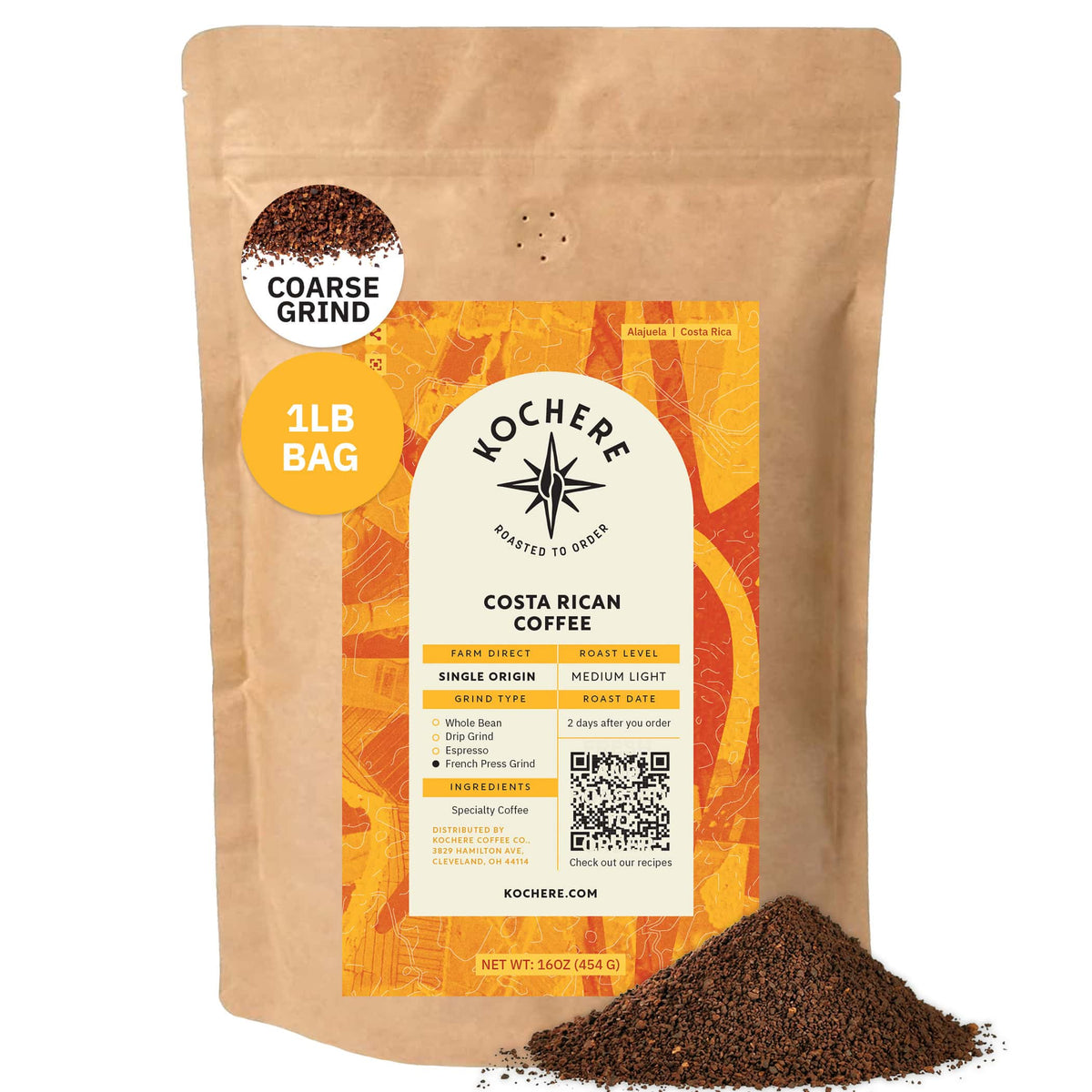 A 1lb bag of Kochere Coffee Costa Rican Alajuela Medium Roast, with sweet apple and raisin notes, in an orange and yellow label stands upright with medium-roasted grounds spilled at its base. Brand: Kochere Coffee Company.[1LB][coarse grind]