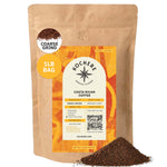 A 1lb bag of Kochere Coffee Costa Rican Alajuela Medium Roast, with sweet apple and raisin notes, in an orange and yellow label stands upright with medium-roasted grounds spilled at its base. Brand: Kochere Coffee Company.[1LB][coarse grind]