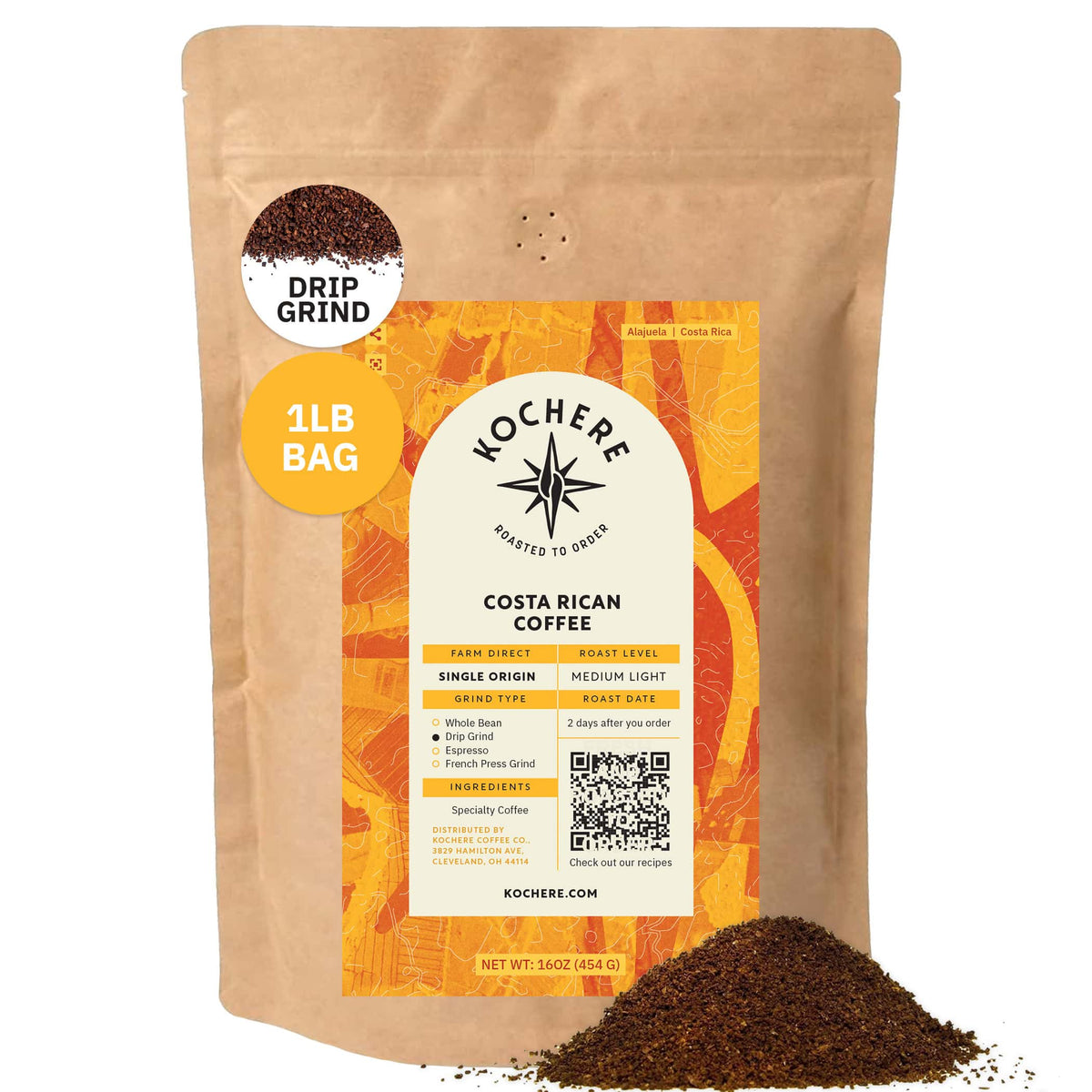 A 1lb bag of Kochere Coffee Costa Rican Alajuela Medium Roast by Kochere Coffee Company, featuring sweet apple and raisin notes, with ground coffee spilled beside the bag.[1LB][drip grind]