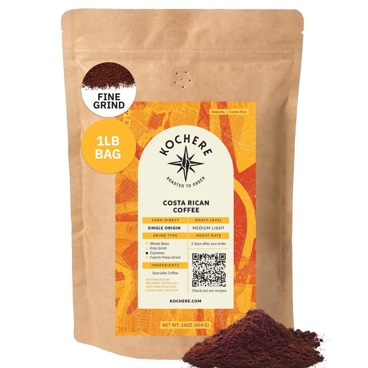 A 16 oz bag of Kochere Coffee Company’s Costa Rican Alajuela Medium Roast, fine grind, with sweet apple and raisin notes, is shown with some ground coffee spilled near the bag.[1LB][fine grind]