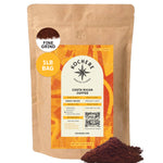 A 16-ounce bag of Kochere Coffee Company’s Costa Rican Alajuela Medium Light Roast, featuring sweet apple and raisin notes, medium-light roasted specialty coffee with some grounds spilled beside the bag.