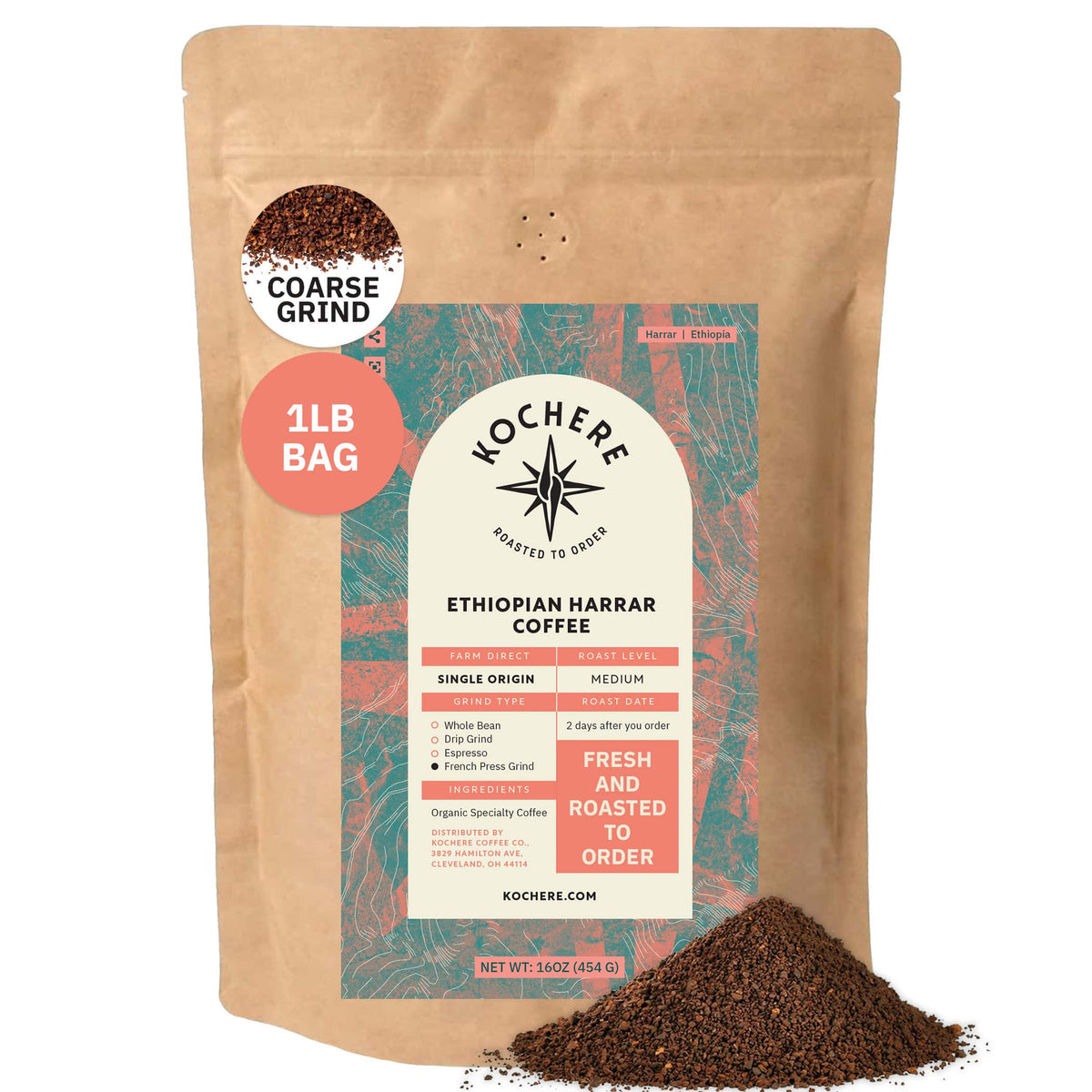 A 1lb bag of Kochere Coffee Company’s Ethiopian Harrar Natural Medium Roast, featuring fruity, berry, and dark chocolate notes with a coarse grind; the colorful label is shown with a small pile of grounds in front.[1LB][coarse grind]