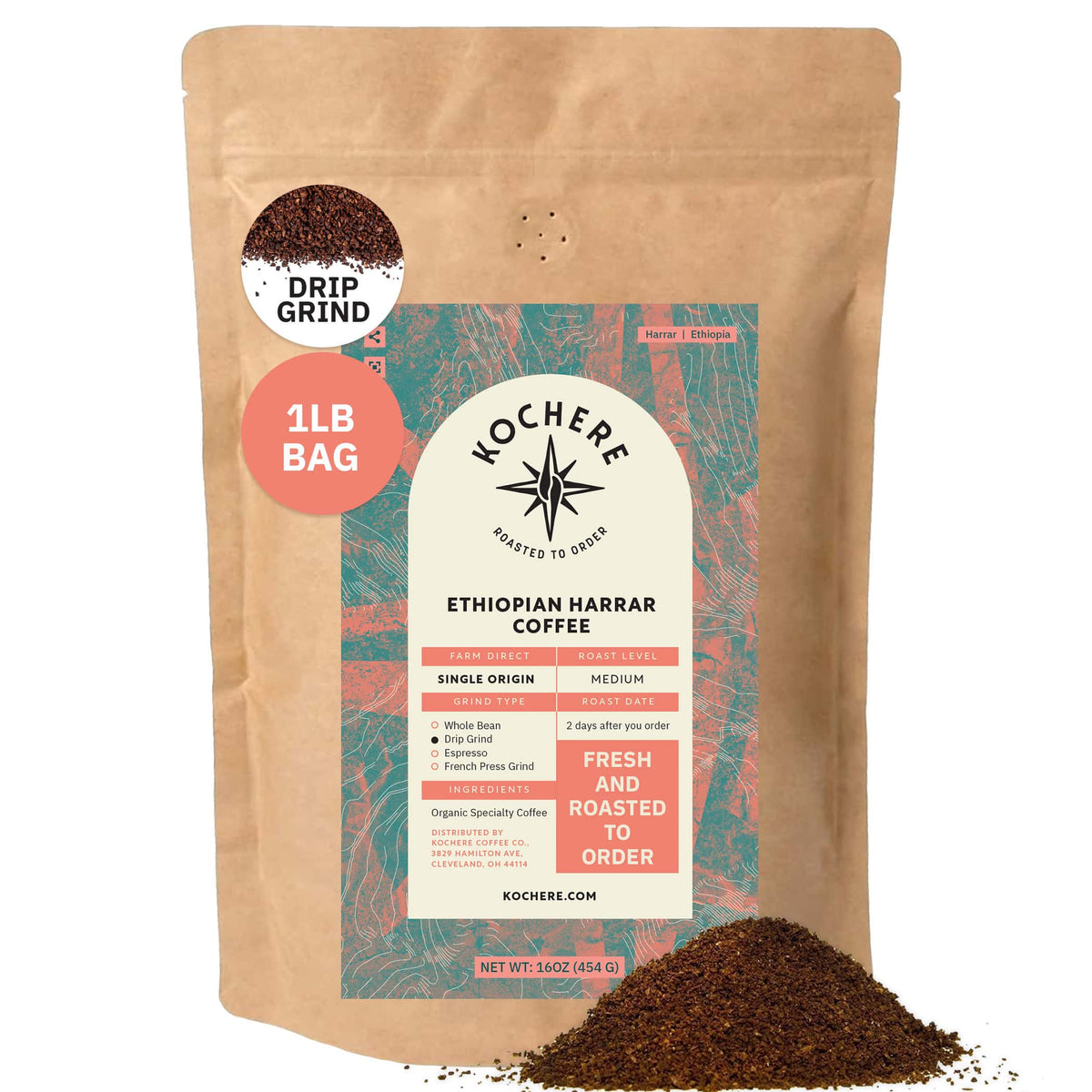 A 1 lb bag of Kochere Coffee Company Ethiopian Harrar Natural Medium Roast with fruity, berry, and dark chocolate notes (drip grind), shown with ground coffee spilled in front.[1LB][drip grind]