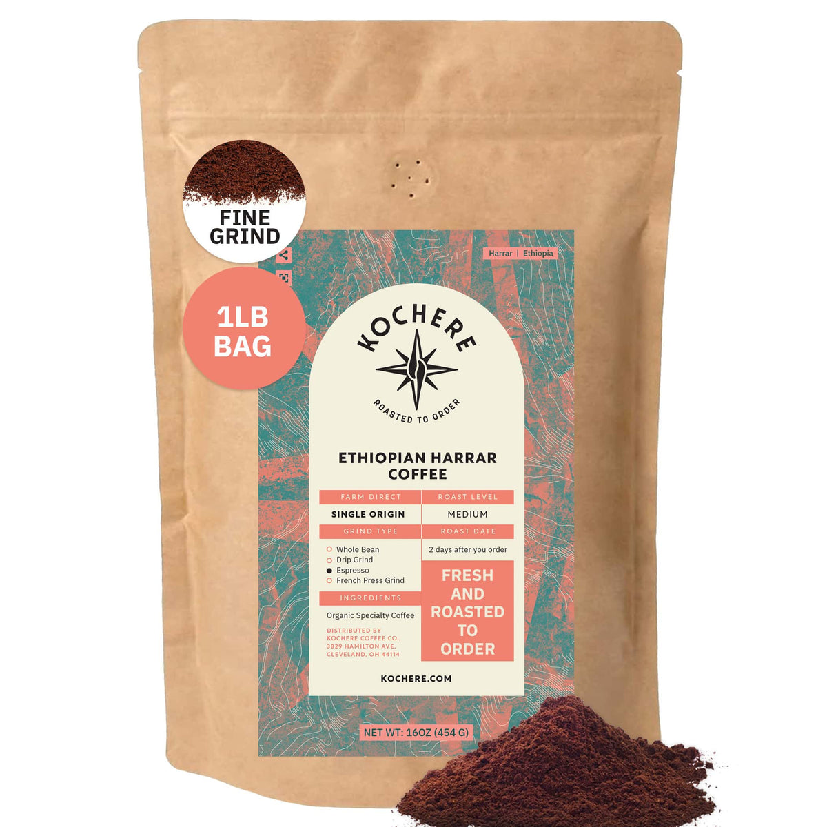 A 1-pound bag of Kochere Coffee Company’s Ethiopian Harrar Natural Medium Roast, with origin, roast level, and freshness on the label, is displayed next to a small pile of ground coffee. Fruity, berry, and dark chocolate notes.[1LB][fine grind]