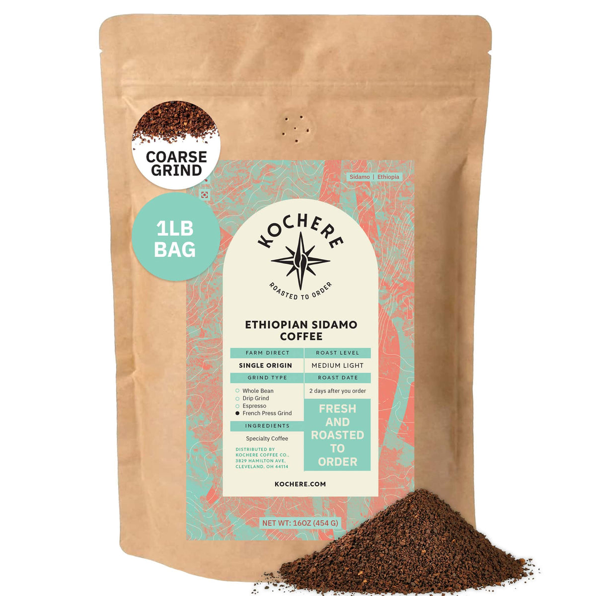 A 16oz brown bag of Kochere Coffee Ethiopian Sidamo Natural Medium-Light Roast by Kochere Coffee Company, featuring milk chocolate and fruity notes. The blue and white label highlights its single origin, coarse grind, and premium quality.[1LB][coarse grind]