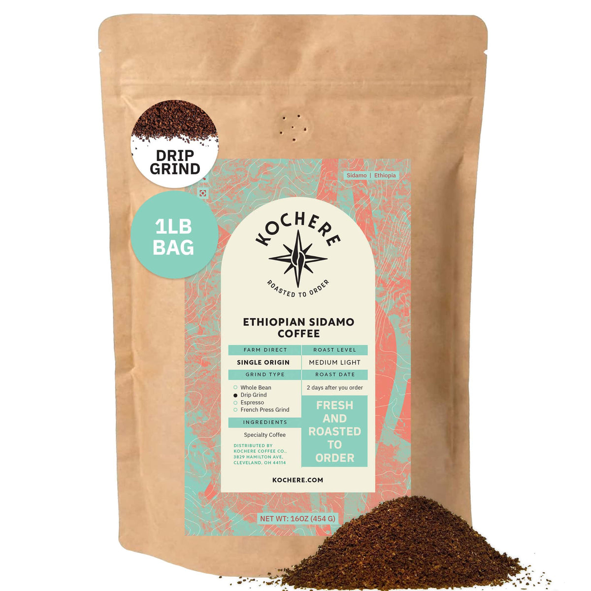 A 1lb bag of Kochere Coffee Ethiopian Sidamo Natural by Kochere Coffee Company, medium-light roast with milk chocolate and fruity notes. Single origin, drip grind, fresh and roasted to order for exceptional flavor.[1LB][drip grind]