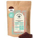 A 1-pound bag of Kochere Coffee Ethiopian Sidamo Natural Medium-Light Roast by Kochere Coffee Company, featuring milk chocolate and fruity notes; origin and tasting notes on the label, with finely ground coffee displayed in front.
