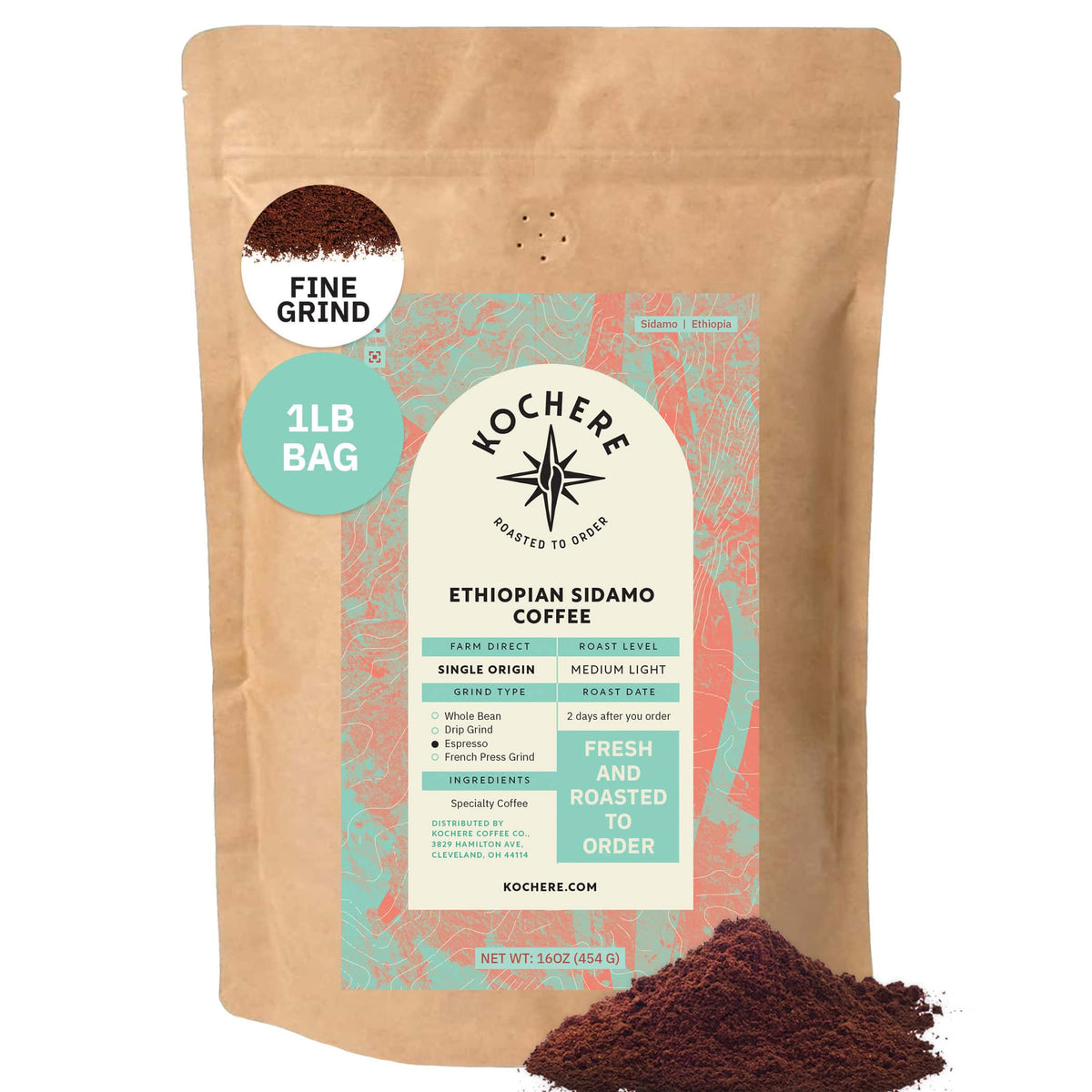 A 16oz bag of Kochere Coffee Company’s Ethiopian Sidamo Natural Medium-Light Roast, with milk chocolate and fruity notes, fine grind, single origin, and a small pile of ground coffee in front of the bag.[1LB][fine grind]
