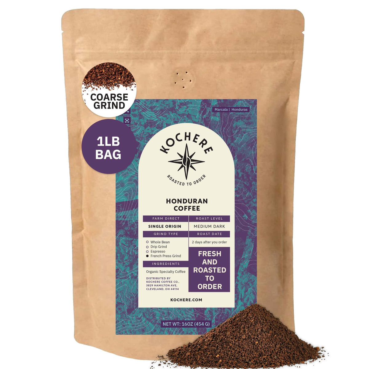 A 1lb bag of Kochere Coffee Company’s Honduran Marcala Organic Medium Roast—caramel, spice, and brown sugar notes—with coarse grounds spilled at the base.[1LB][coarse grind]