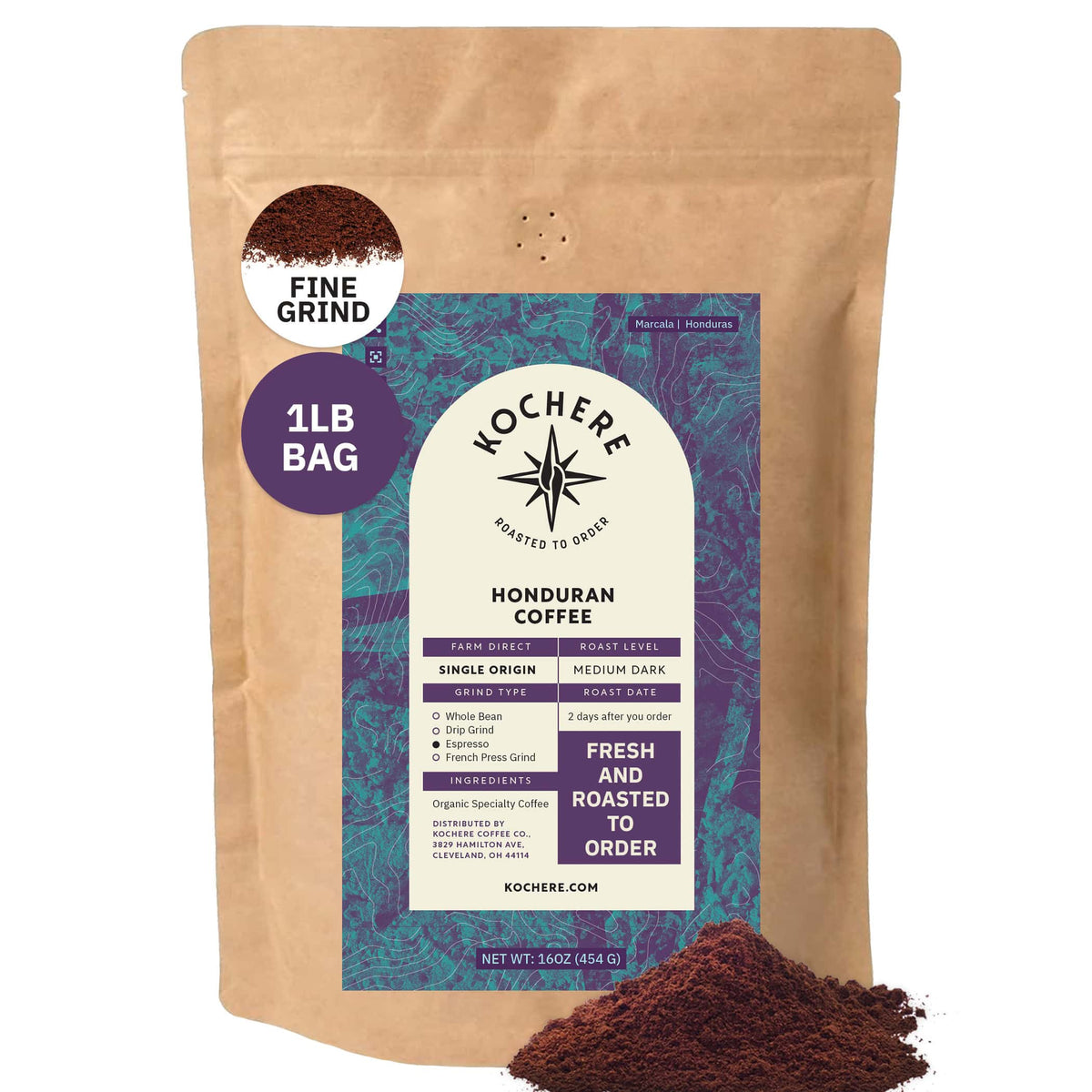 A 1-pound bag of Kochere Coffee Company’s Honduran Marcala Organic Medium Roast features caramel, spice, and brown sugar notes, packaged with a purple and teal label showcasing its single origin and fresh-roasted quality.[1LB][fine grind]
