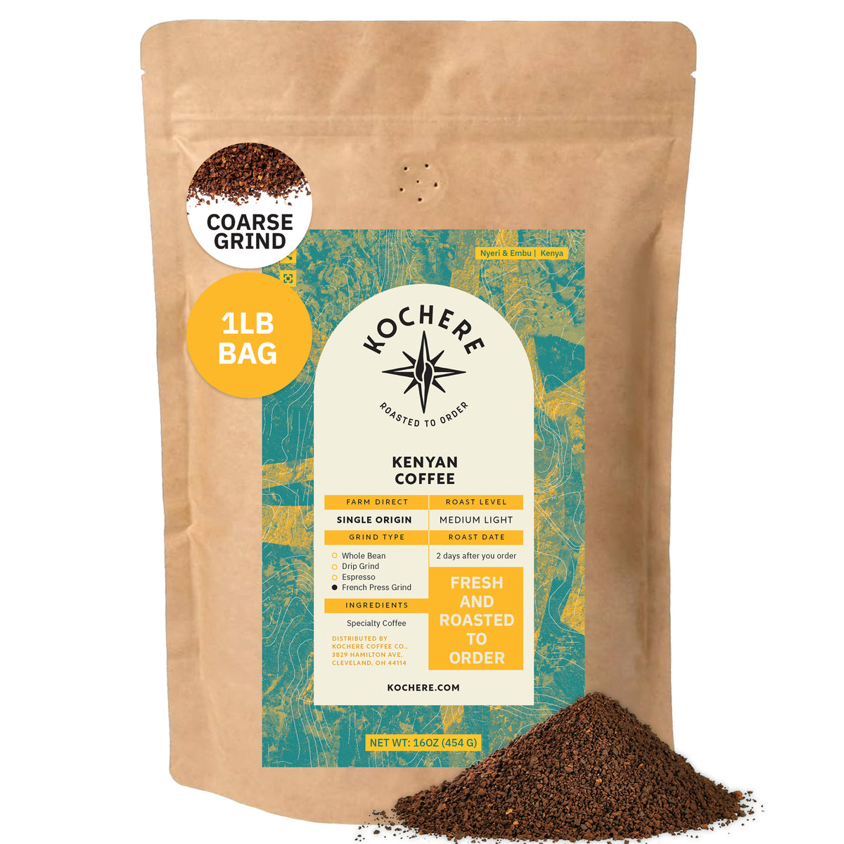 A 1lb bag of Kochere Coffee Kenyan Nyeri Embu AB, medium-light roast with coarse grind, by Kochere Coffee Company, showing fresh roasted grounds spilling in front; features a fruity, balanced, and bright cup.