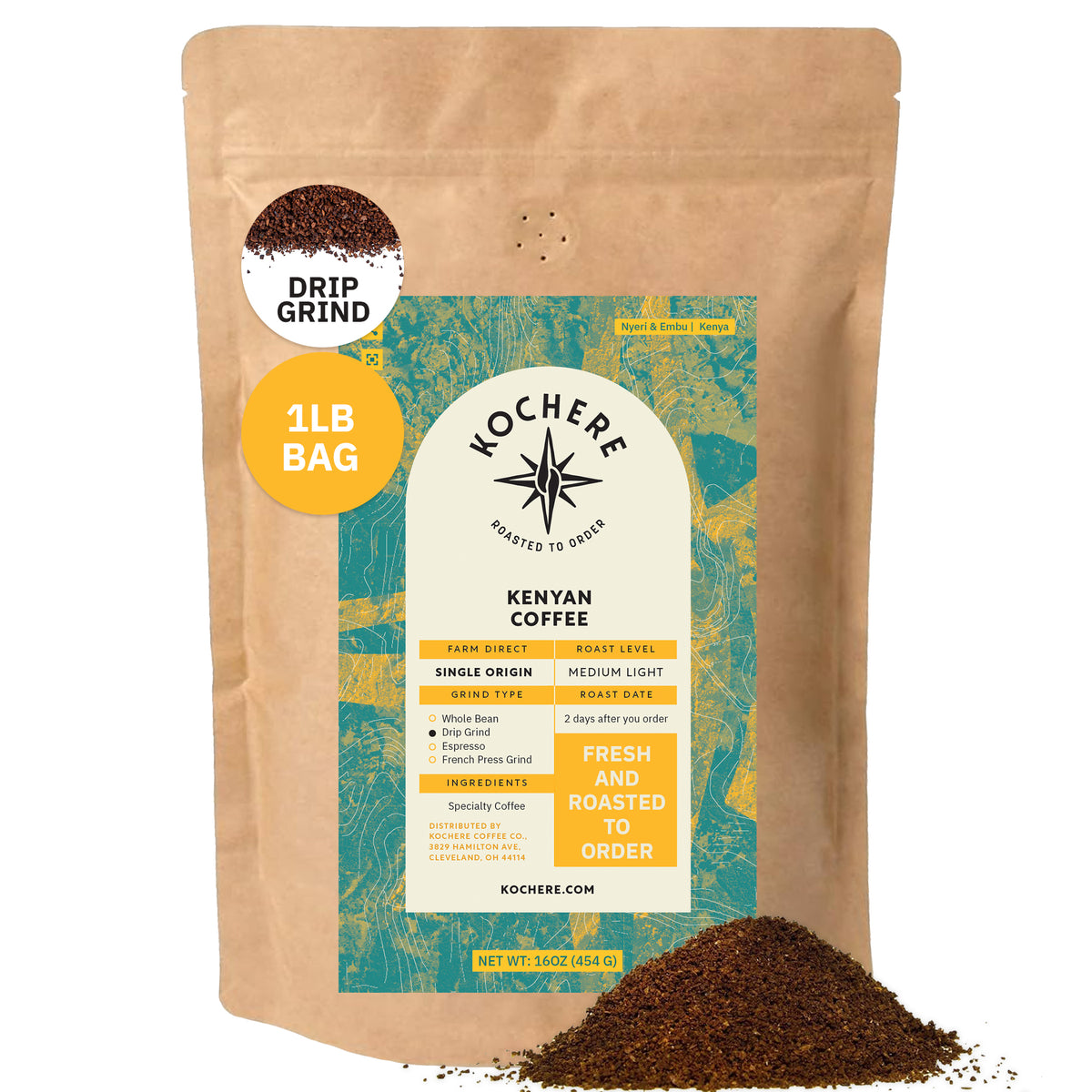 A 1lb bag of Kochere Coffee Kenyan Nyeri Embu AB Medium-Light Roast by Kochere Coffee Company, fruity and balanced, drip grind, with a teal and yellow label and a small pile of ground coffee in front.