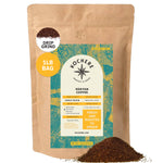 A 1-pound brown bag of Kochere Coffee Company Kenyan Nyeri Embu AB, medium-light roast with lemon and blackberry notes, drip grind; single-origin, roasted to order. Coffee grounds are displayed in front.